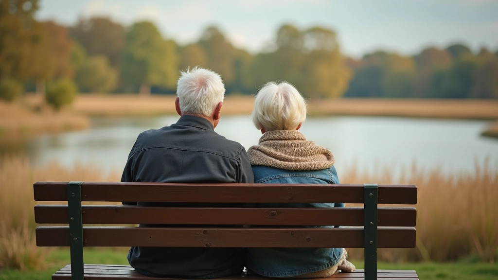Para seniorów siedząca na ławeczce w rezerwacje, obserwująca krajobraz jeziora, szczęśliwa rozmowa