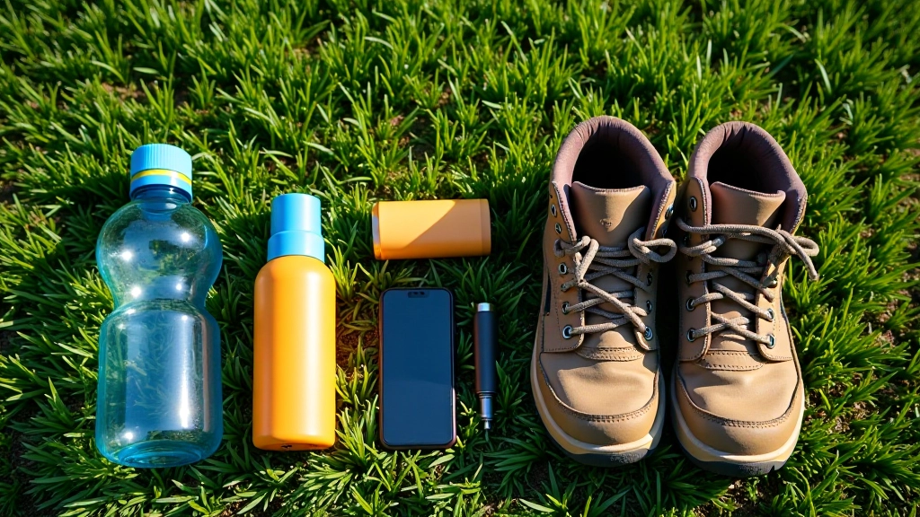 Rozłożone przedmioty na ziemi: butelka wody, krem do słońca, wygodne buty trekkingowe, powerbank i telefon
